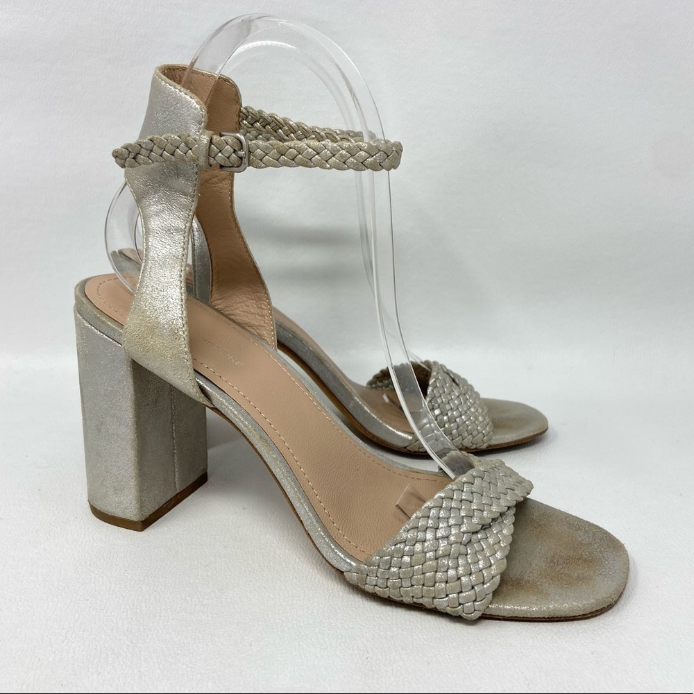 Pour La Victoire Silver Ankle Strap, Open Toe Block Heels, Women’s Size 7.5